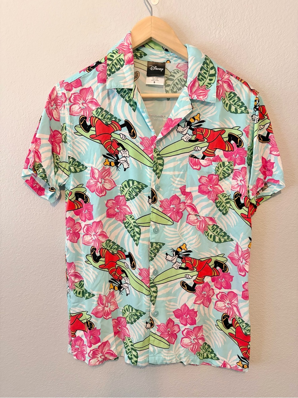 Disney Light Blue & Pink Goofy Surfing Hawaiian Shirt